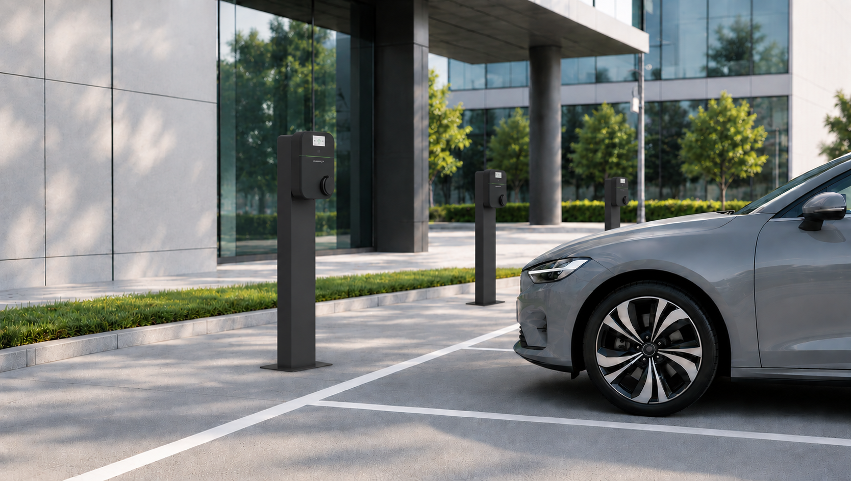 Row of AC chargers in a modern office business park car park