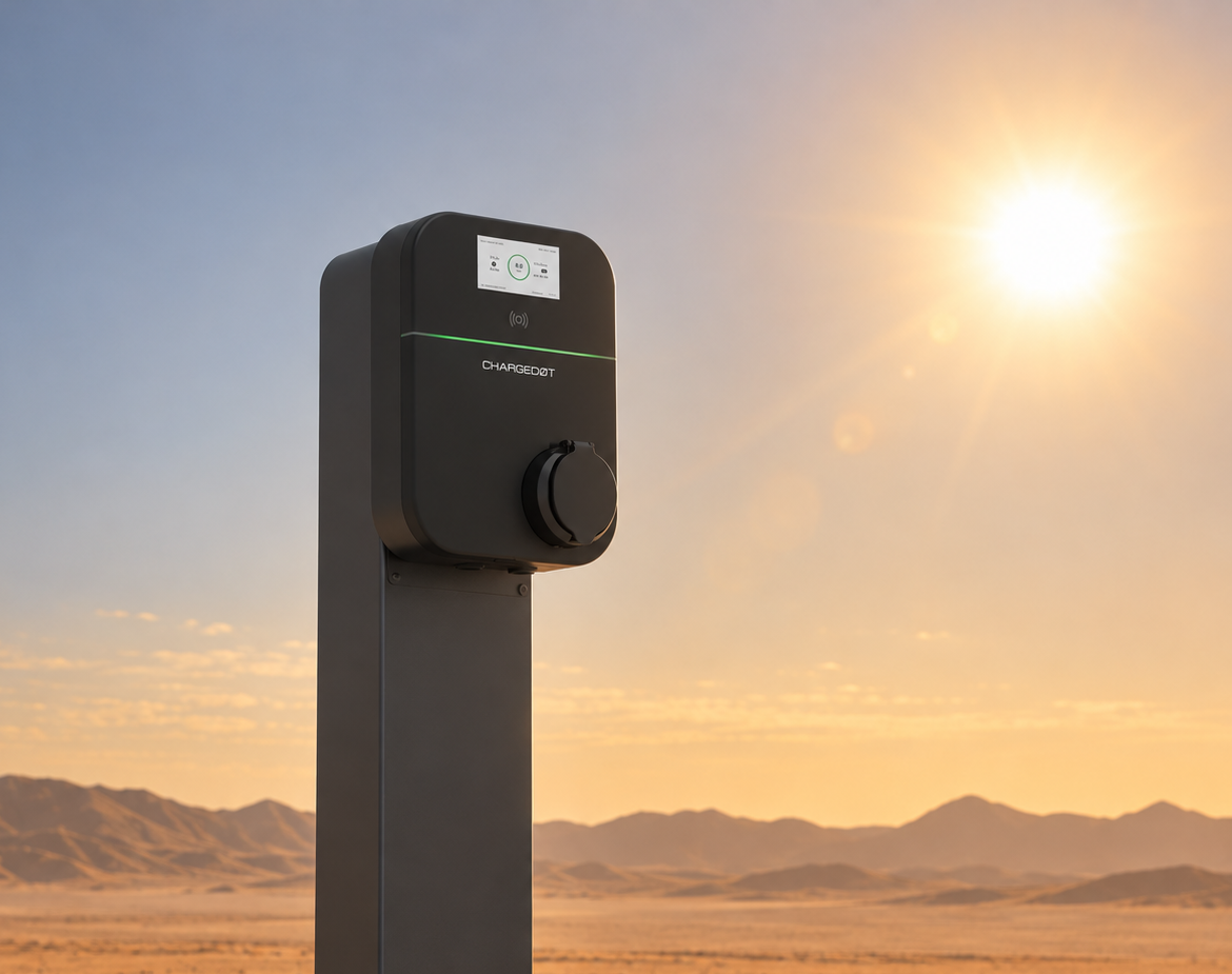 C1 charger installed in a desert environment at sunset with an electric vehicle