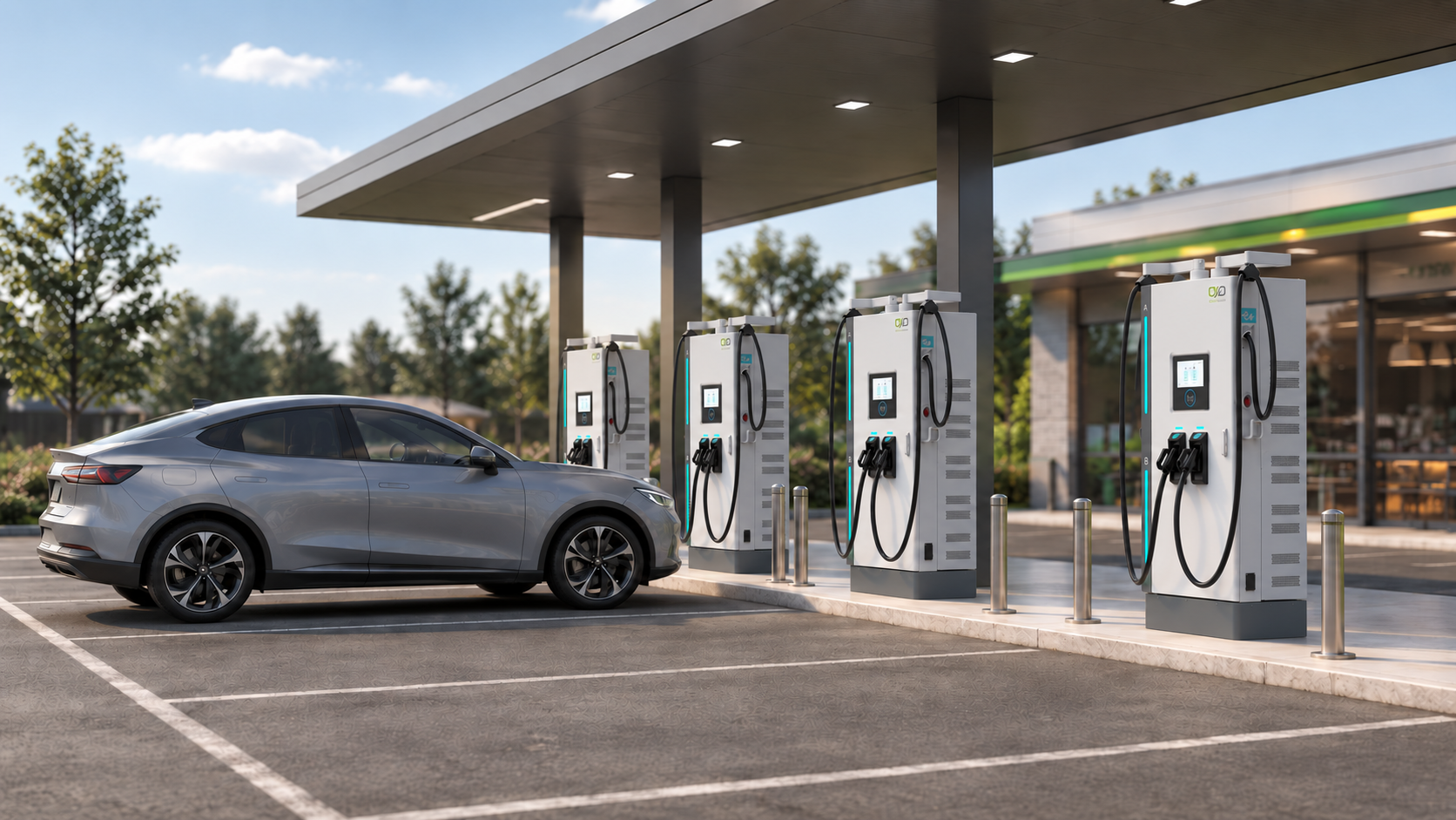 Electric cars charging at DC fast charging kiosks beside a highway retail store