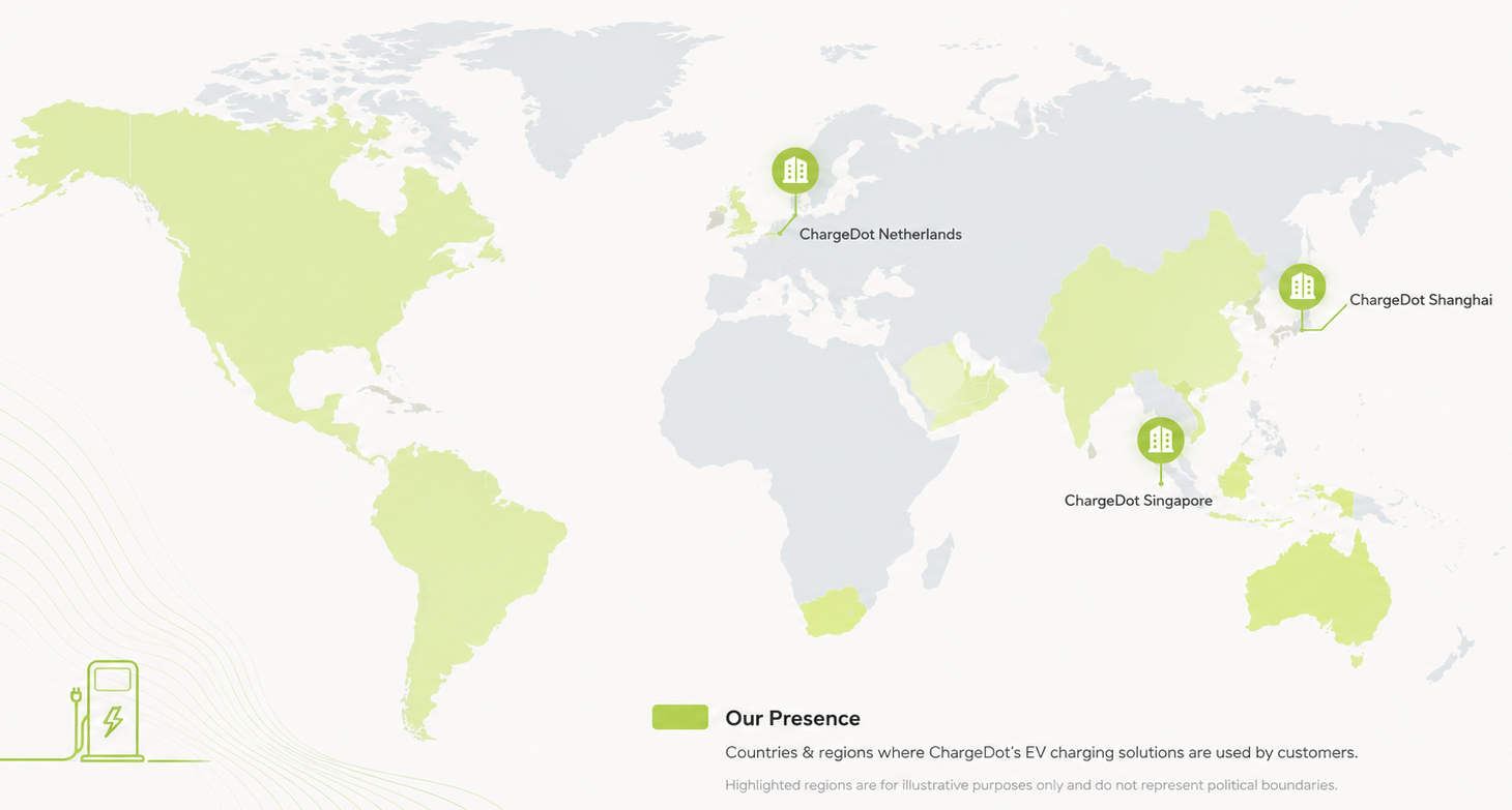 World map showing ChargeDot's presence, with offices in the Netherlands, Shanghai and Singapore