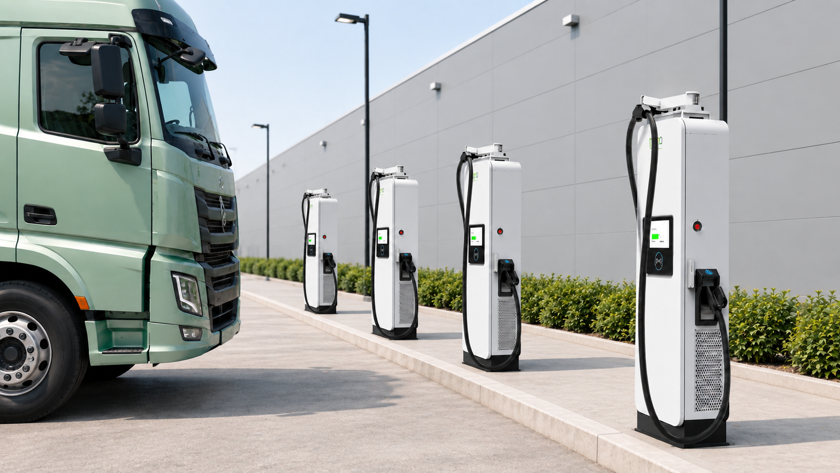 Row of electric semi trucks charging at Chargedot high power DC dispensers in a logistics yard