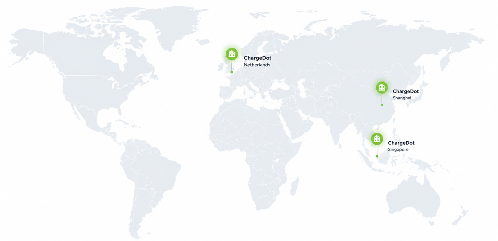 World map showing Chargedot offices in the Netherlands, Shanghai and Singapore
