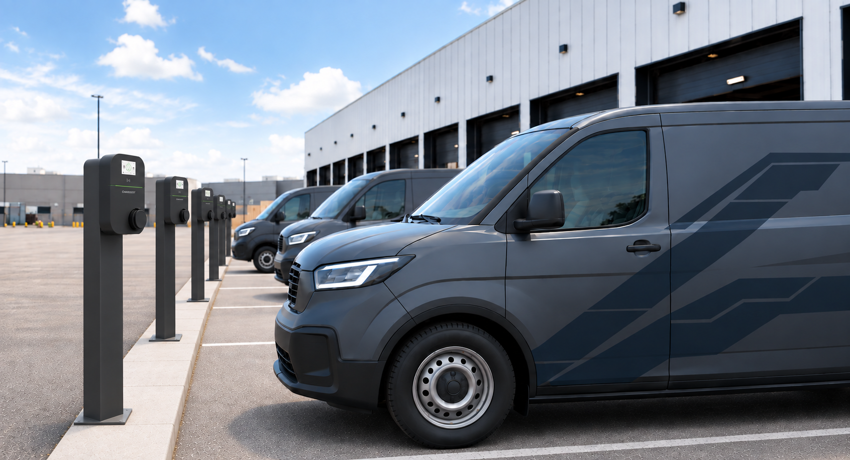 A row of AC chargers beside electric vans at a fleet depot