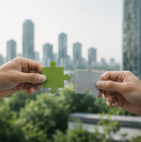 Two hands joining a green and a grey puzzle piece in front of a city skyline