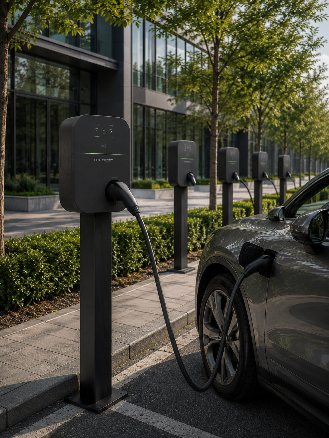 Chargedot EV charging stations installed along a commercial street with a connected electric vehicle