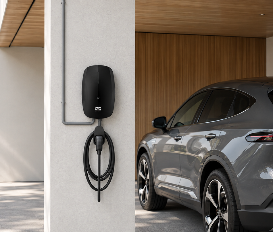 Electric SUV charging from a wall-mounted AC charger at a contemporary home