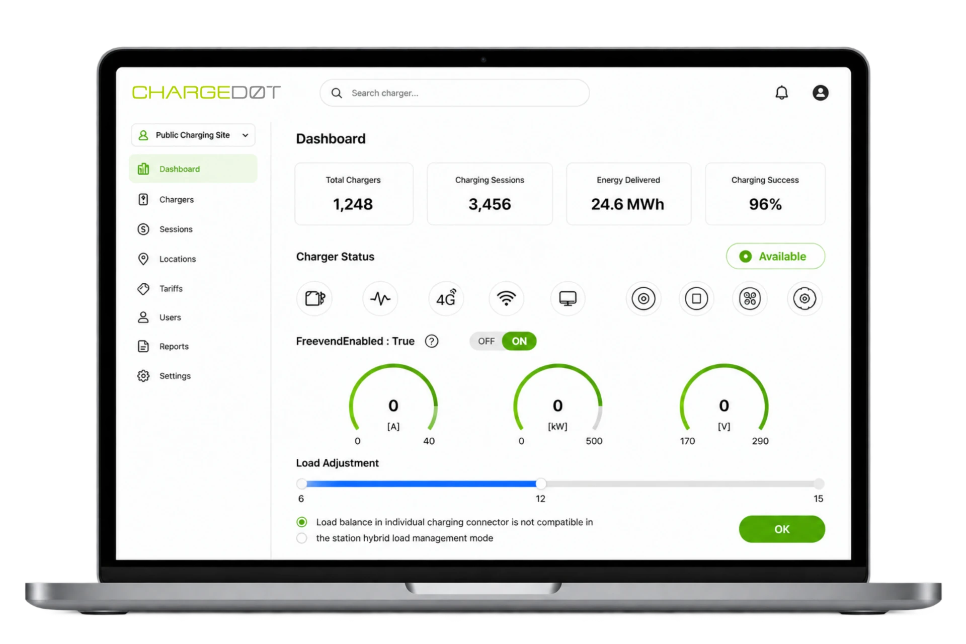ChargeDot charging network management dashboard on a laptop