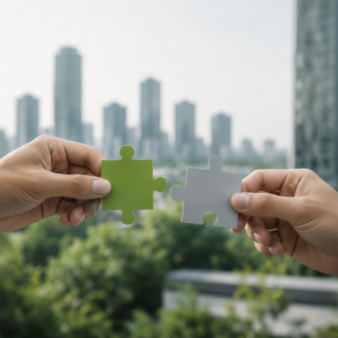 Two hands joining green and grey puzzle pieces in front of a city skyline
