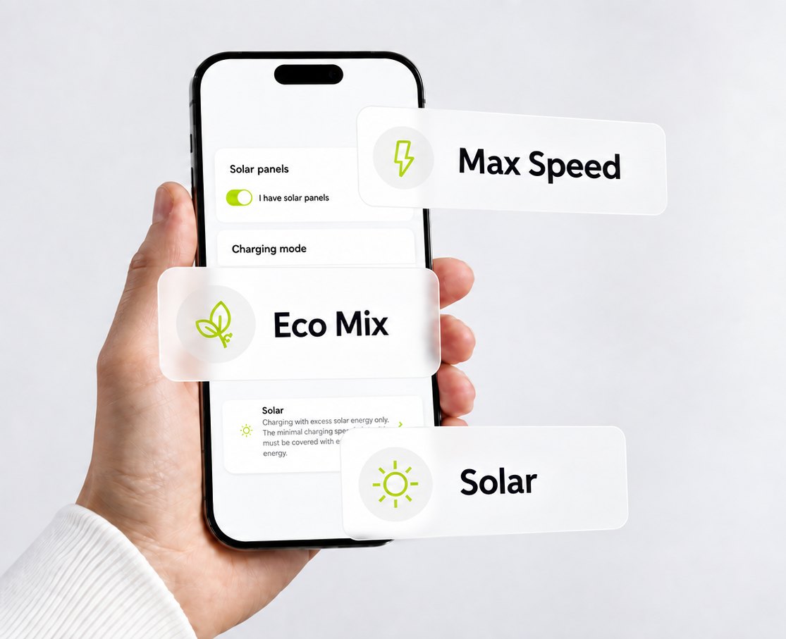 Hand holding a phone with the ChargeDot app showing the Max Speed, Eco Mix and Solar charging modes